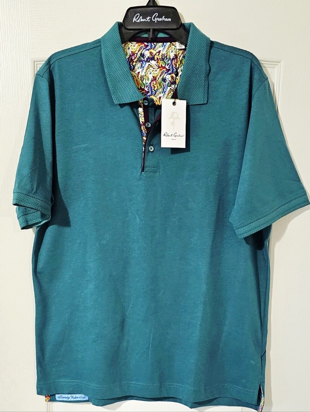 Robert Graham Teal Green Short-Sleeve Polo with Patterned Placket
